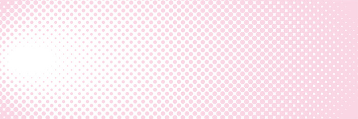 Abstract halftone pattern with a gradient dot effect, transitioning from dense black circles to soft pink. Modern pop-art inspired digital background for retro and comic-style designs