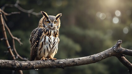 Obraz premium An owl perched on a nearby branch, soft dramatic light