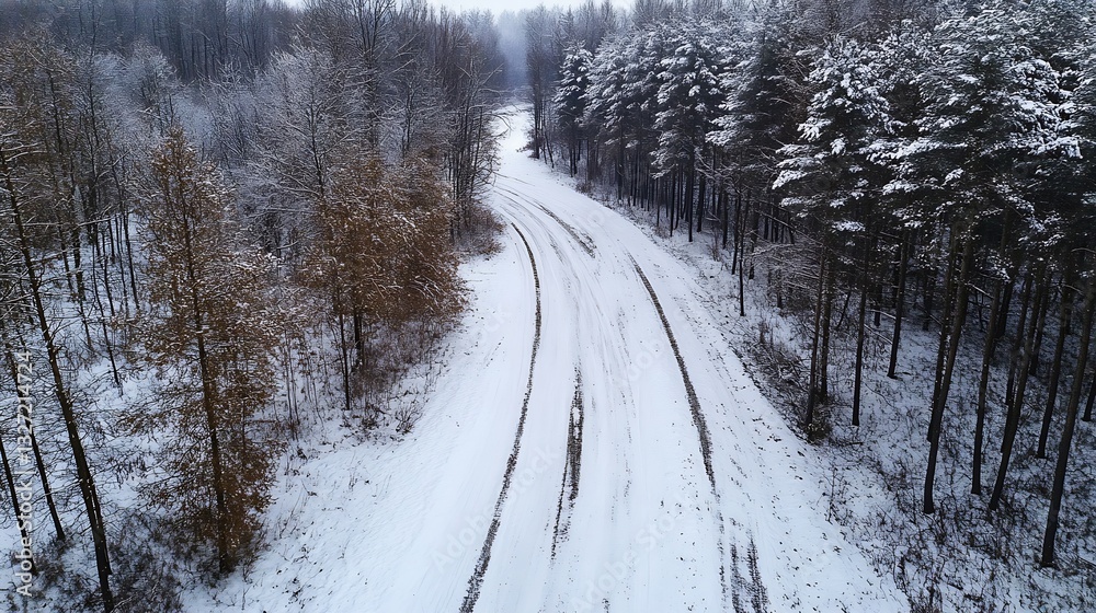 Poster aerial view of snowy winding road surrounded by snowcapped trees in a winter wonderland : generative