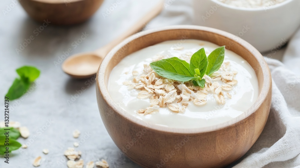 Poster a delicious bowl of yogurt topped with oats and fresh greenery ready for a healthy breakfast : gener