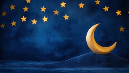Fototapeta premium Eid al-Fitr background with crescent moon, golden stars, and clouds on deep blue velvet