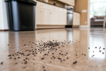 Close up view of rat droppings on kitchen floor during daytime hours Generative AI