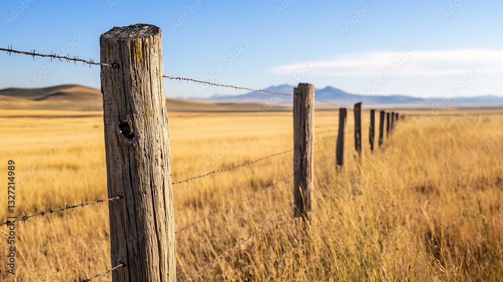 Aufkleber golden grass fields under a blue sky with wooden fence posts leading the view : generative ai