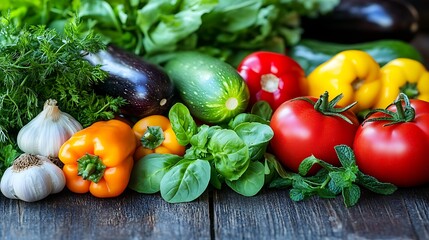 Fresh Vibrant Display of Colorful Vegetables and Aromatic Herbs
