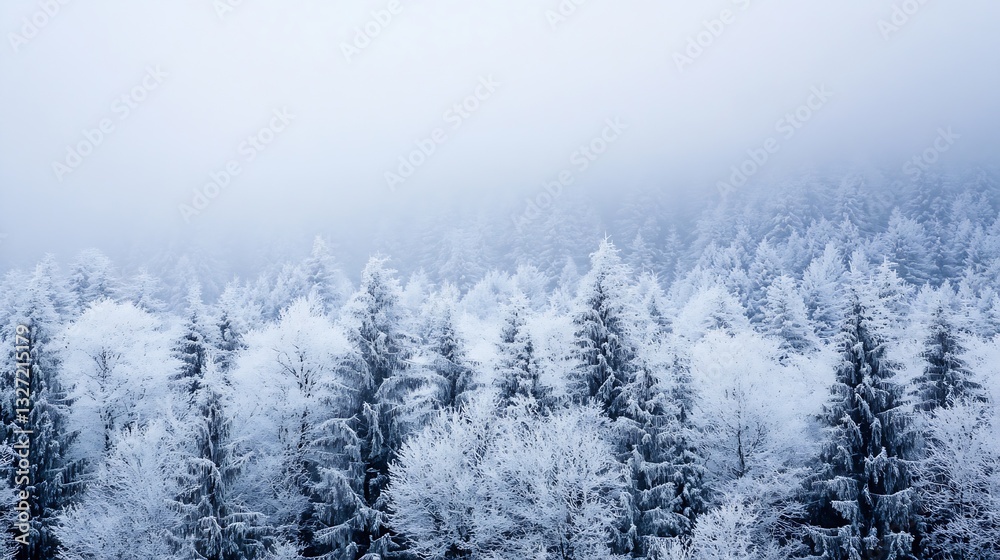 Poster stunning winter landscape of snow covered trees in a misty atmosphere : generative ai