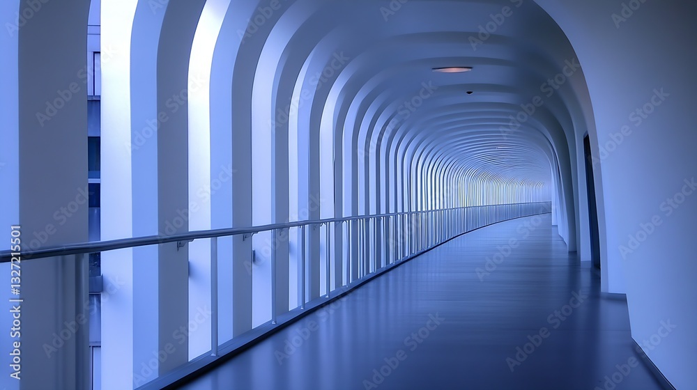 Poster Stunning architectural corridor with sleek white curves and soft blue lighting creating a calm ambiance : Generative AI