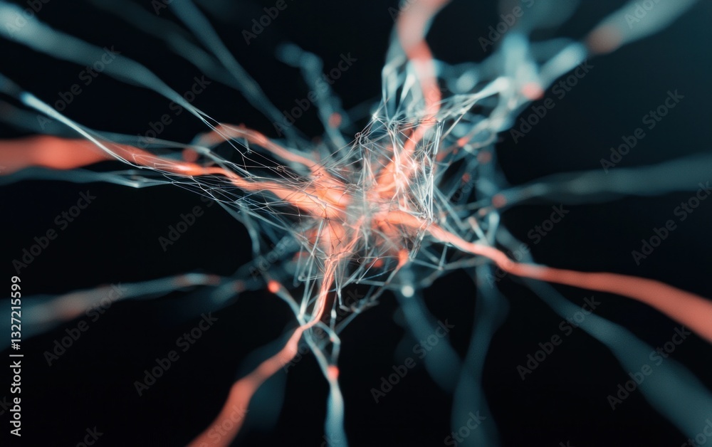 Poster abstract 3d rendering of a network of interconnected lines and particles, glowing in shades of orang
