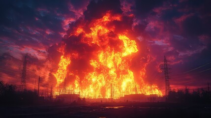 Massive Power Station Inferno Dramatic Fire Explosion Burning Electricity Towers Night Sky
