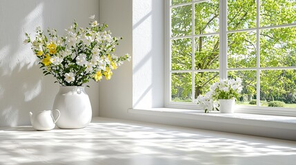 Bright and Fresh Flower Arrangement by a Large Window with Natural Light and Green Outdoor View