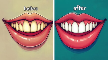 Naklejka premium A before and after illustration of teeth whitening, showing a dramatic difference in the smile. Ideal for dental, health, or cosmetic treatment themes