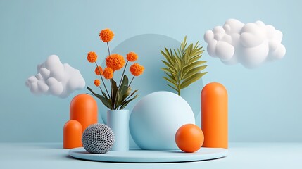 3D Render: Orange Flowers and Abstract Forms Against a Pastel Blue Background AI Generated