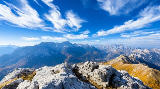 Dramatic view from a mountain peak showcasing expansive valleys and vibrant autumn foliage : Generative AI - Powered by Adobe