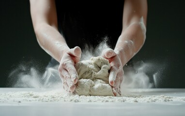 Close-up of hands kneading dough, flour exploding, dark background, white surface. Baker preparing bread or pastry. Food preparation, cooking process