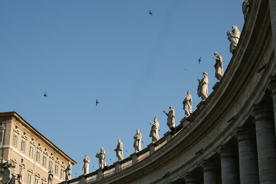 Statues de la place saint-pierre &agrave; rome avec ciel bleu et oiseaux