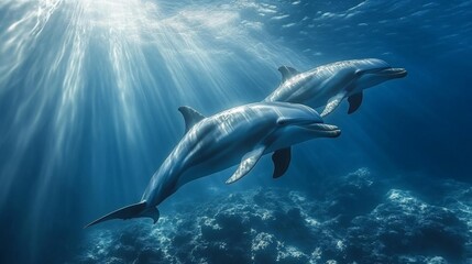 Fototapeta premium Two dolphins swimming gracefully through clear underwater beams of light. Generative AI