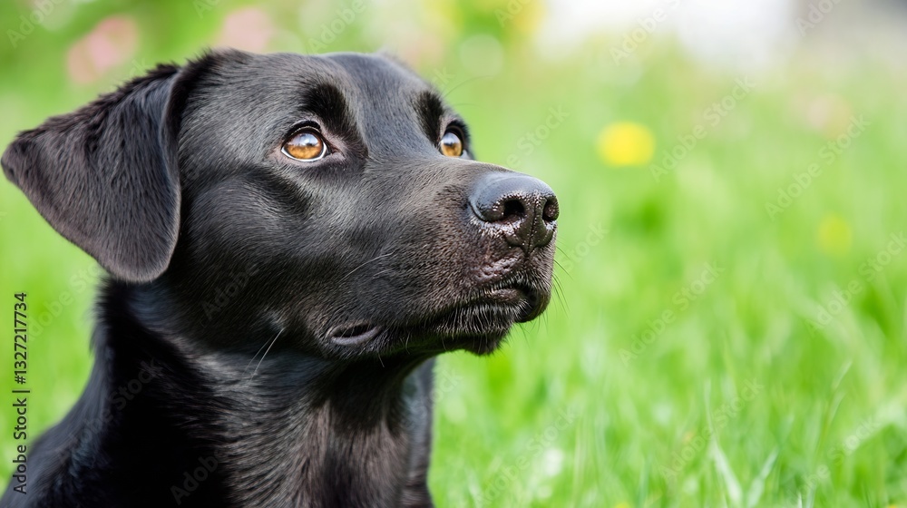 Poster close up of an adorable black dog with bright eyes resting in a lush green field with flowers around