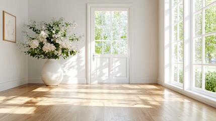 Bright and Airy Interior Space with Natural Light, Floral Arrangement and Elegant Design Elements