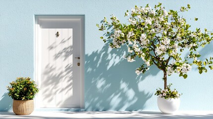 Fototapeta premium Elegant entrance with door, blooming tree, and colorful plants against a bright blue wall backdrop
