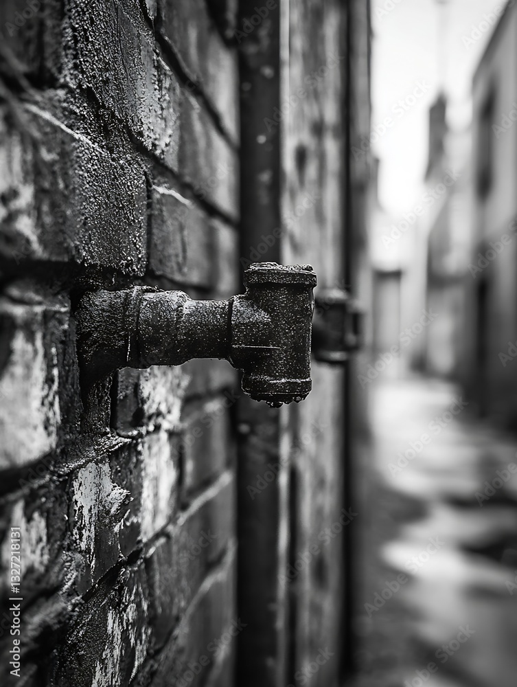 Poster Closeup of a rusty pipe attached to a brick wall in an urban alleyway setting : Generative AI