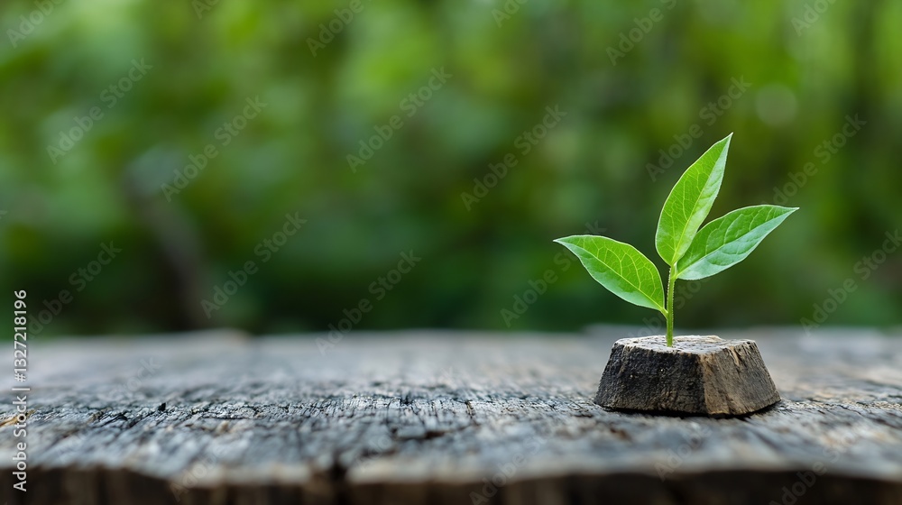 Poster fresh green plant sprouting from a tree stump symbolizing growth and new beginnings : generative ai