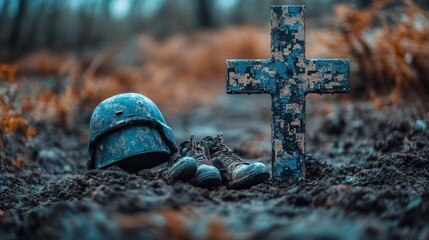 Memorial tribute to fallen soldiers with military boots helmet and cross on the battlefield. Generative AI