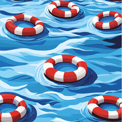 Naklejka premium Floating Safety: A vivid illustration of life buoys adrift on rippling blue waters, evoking themes of safety, maritime activities, and aquatic recreation.