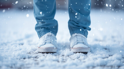 Person standing in snow wearing white sneakers and blue pants, surrounded by falling snowflakes, creating serene winter atmosphere