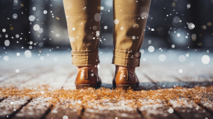 Walking in snow with brown shoes, winter scene, snowflakes falling, cozy atmosphere, outdoor setting, seasonal fashion, warm clothing, holiday vibes, peaceful moment, nature