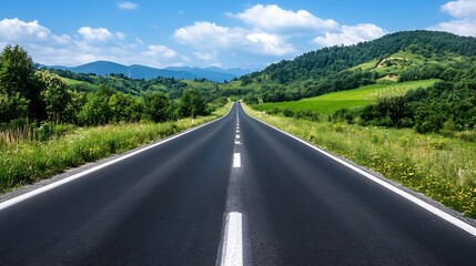 Fototapeta premium Scenic view of a long winding road cutting through lush fields and rolling hills under a bright blue sky : Generative AI