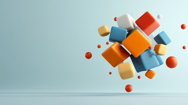 Fototapeta Vibrant 3D Render of Interlocking Cubes and Spheres Against a Soft Blue Background AI Generated