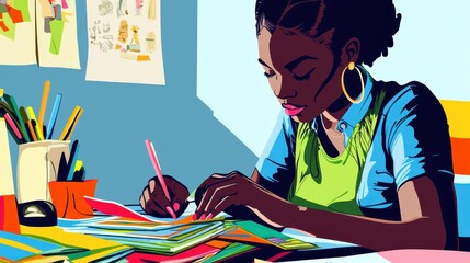 A Black woman organizing a stack of colorful sticky notes on her desk. 