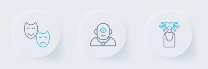 Set line Medusa Gorgon, Cyclops and Comedy and tragedy masks icon. Vector