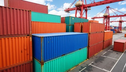 Stacked colorful shipping containers against a clear blue sky at a busy port, vibrant concept of logistics or supply chain management