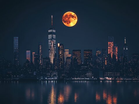 Stunning Night Cityscape with a Giant Orange Moon, Symbolizing Dreams, Ambition, and Urban Serenity. Perfect for city guides, travel blogs, and urban photography projects.