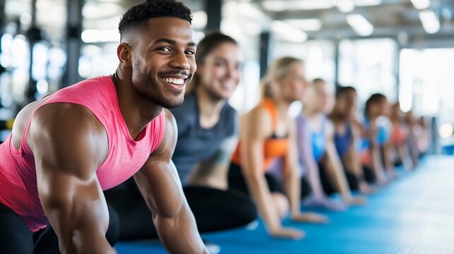Smiling male fitness trainer leading workout with enthusiasm in a gym filled with focused members conveying positive energy : Generative AI