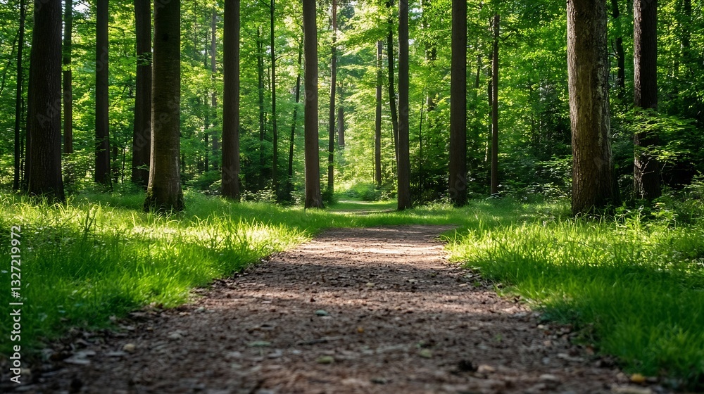 Poster Lush green forest pathway surrounded by towering trees and soft grass on a bright sunny day : Generative AI