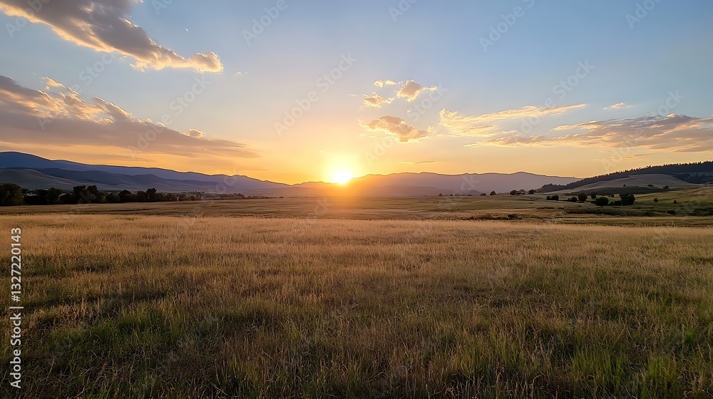 Aufkleber vibrant sunset over a wide open field with golden grass and distant mountains on the horizon : gener