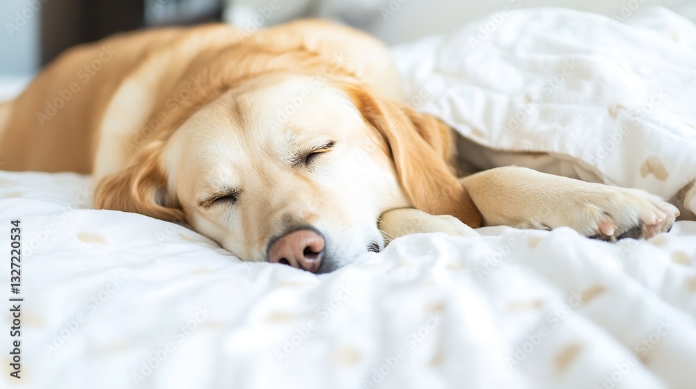 Poster relaxed golden retriever sleeping peacefully on a cozy bed creating a serene atmosphere : generative