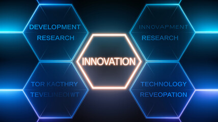Abstract hexagonal network glowing blue and orange, central hexagon displays "Innovation" surrounded by terms like Development, Research, Technology representing technological advancement and progress