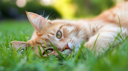 Fototapeta na wymiar Relaxed Ginger Cat Lying in Lush Green Grass in Bright Outdoor Setting : Generative AI
