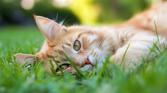 Relaxed Ginger Cat Lying in Lush Green Grass in Bright Outdoor Setting : Generative AI