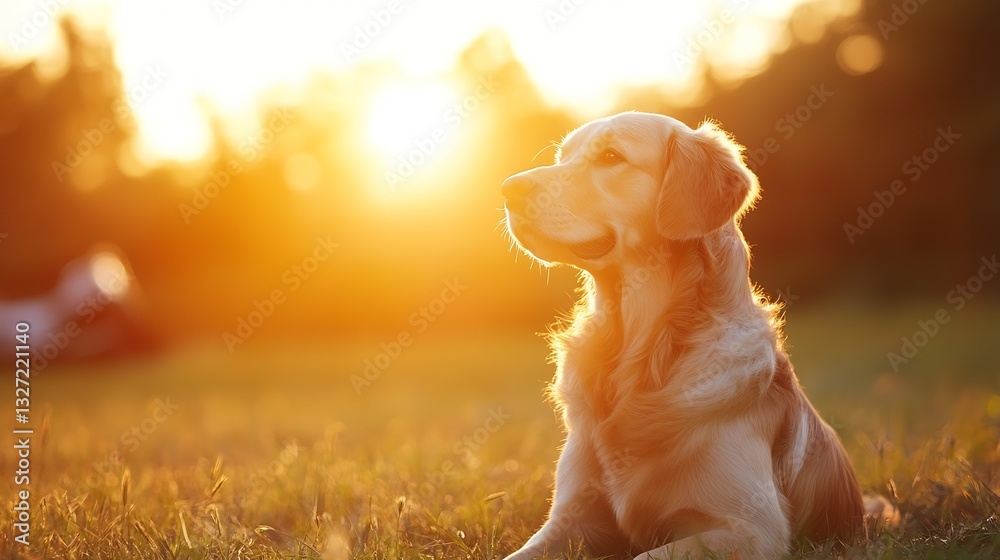 Poster golden retriever dog basking in the warm glow of sunset creating a serene and peaceful atmosphere : 