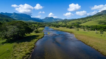 Breathtaking river winding through lush green hills under a beautiful blue sky with fluffy clouds : Generative AI