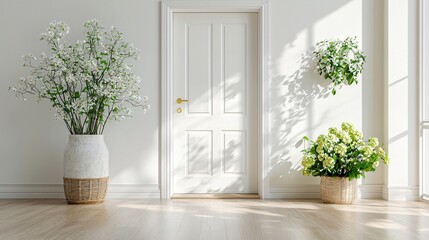 Fototapeta premium Bright and Airy Interior with Decorative Plants and White Door in Modern Home Environment
