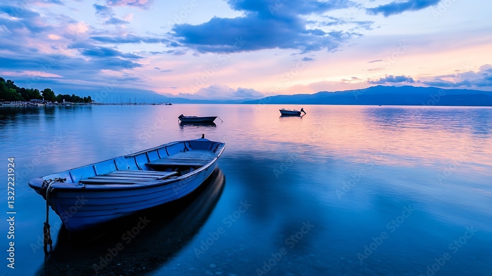 Poster tranquil evening view of boats resting on calm water reflecting the colorful sky at sunset : generat