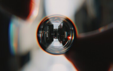 Fototapeta premium Abstract image of a city street reflected in a glass sphere, distorted with chromatic aberration and lens flares. Dark tones, urban setting