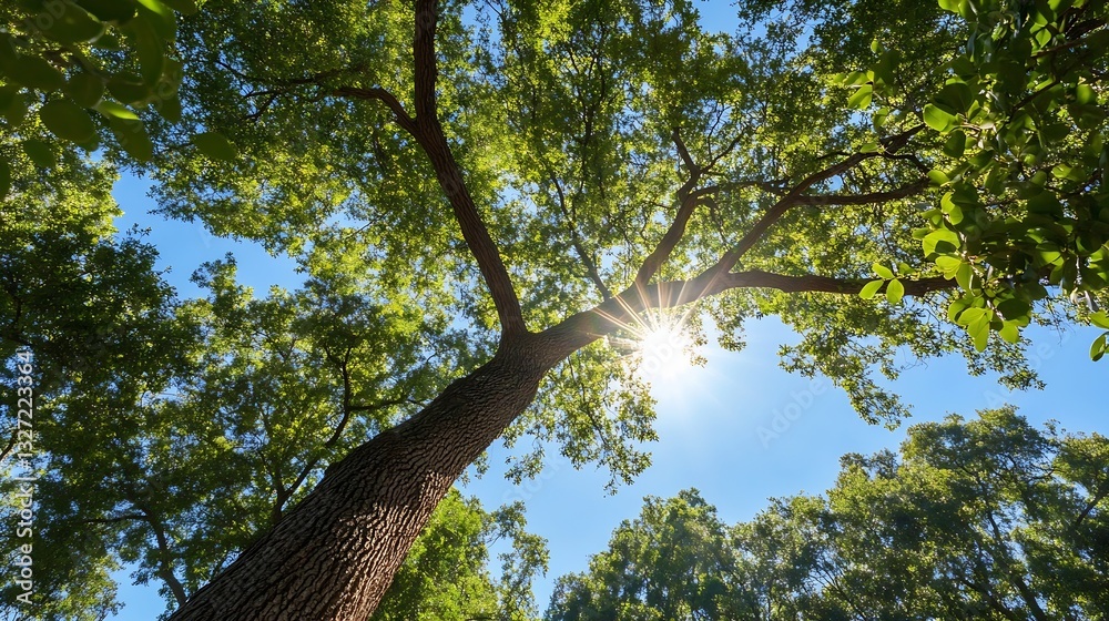 Poster majestic sun rays shining through lush green leaves of a towering tree in a serene forest : generati