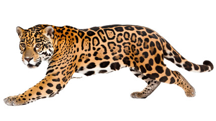 Sleek Jaguar Silently Stalking in Profile Against White Background transparent background