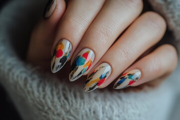 A woman's nails dressed up with unique and pretty nail art.