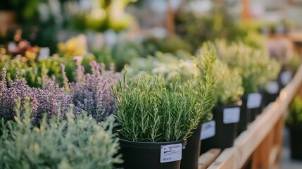 Vibrant display of herbs and flowers in pots at a local garden center showcasing lush greenery : Generative AI